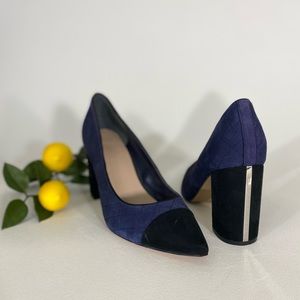 Tommy Hilfiger Suede Two-Tone Black Navy Chunky Heel Chrome Stripe 9.5 Pumps